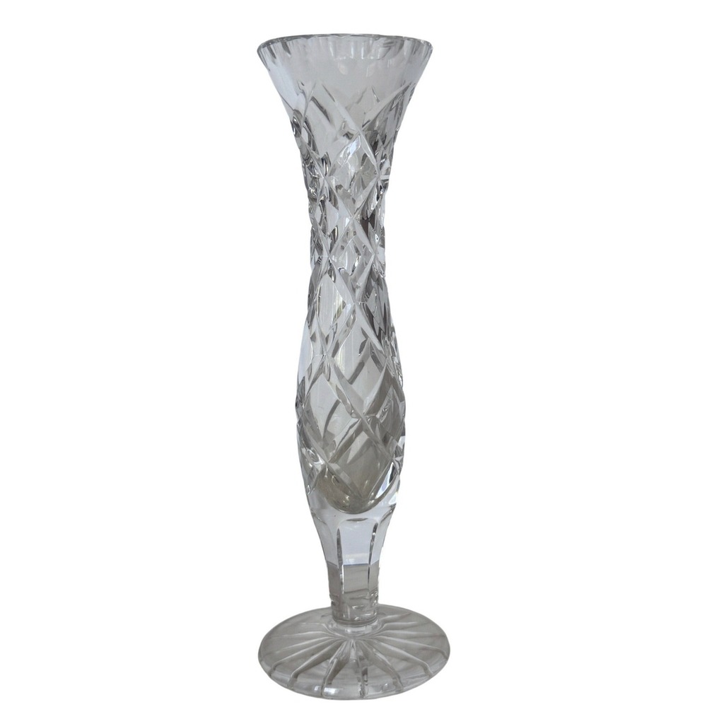 Vintage Cut Crystal Bud Vase Diamond Pattern Starburst Clear Glass 6.25in READ